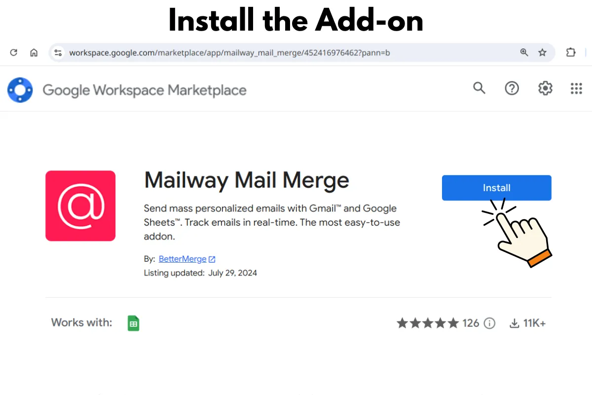 Screenshot showing BetterMerge, formerly Mailway Mail Merge, add-on in Google Workspace Marketplace)