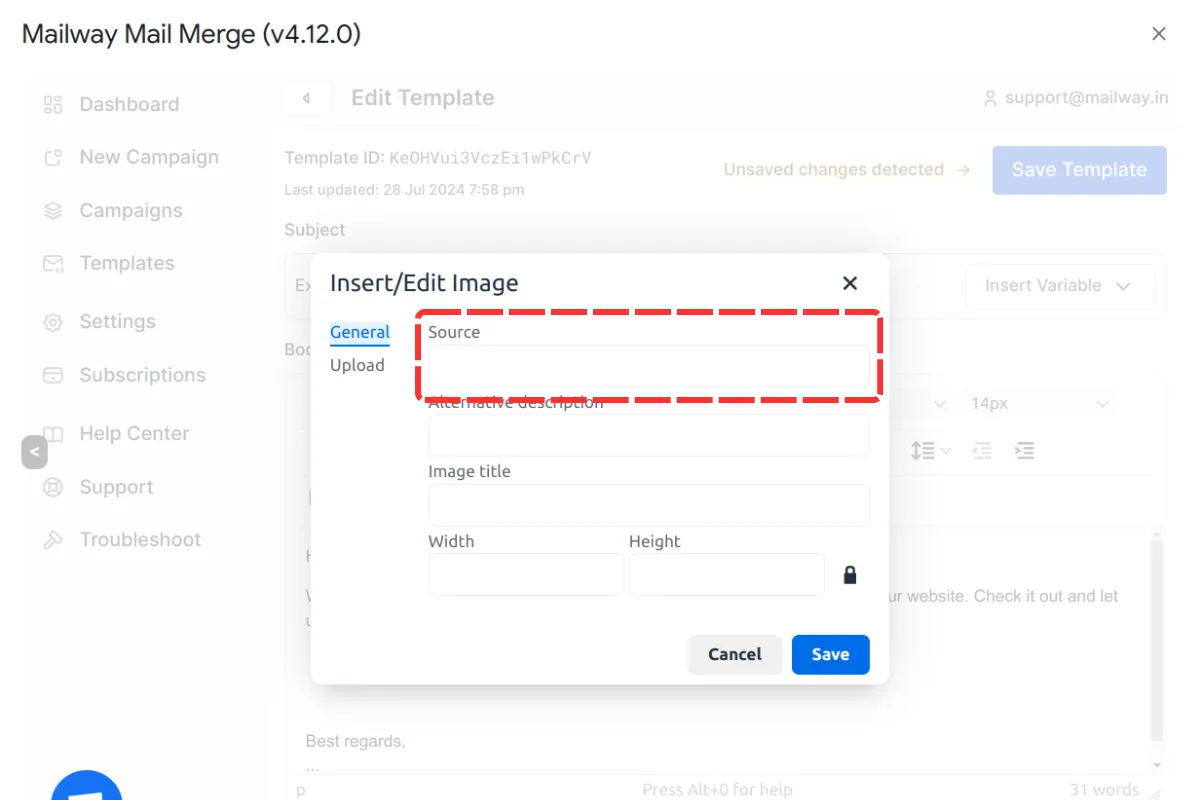 Enter an image URL in the image tool pop-up window