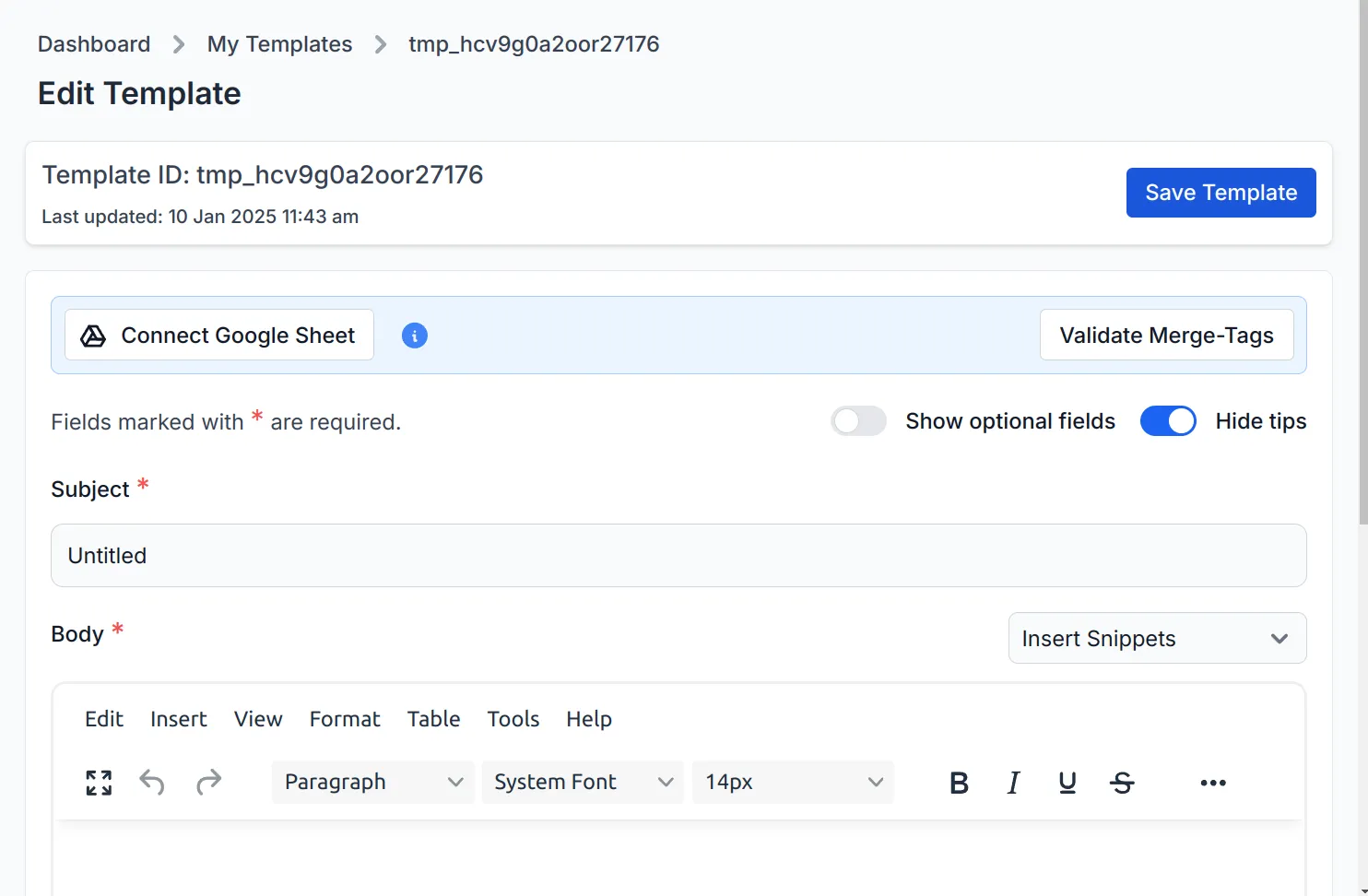 screenshot of template editor page