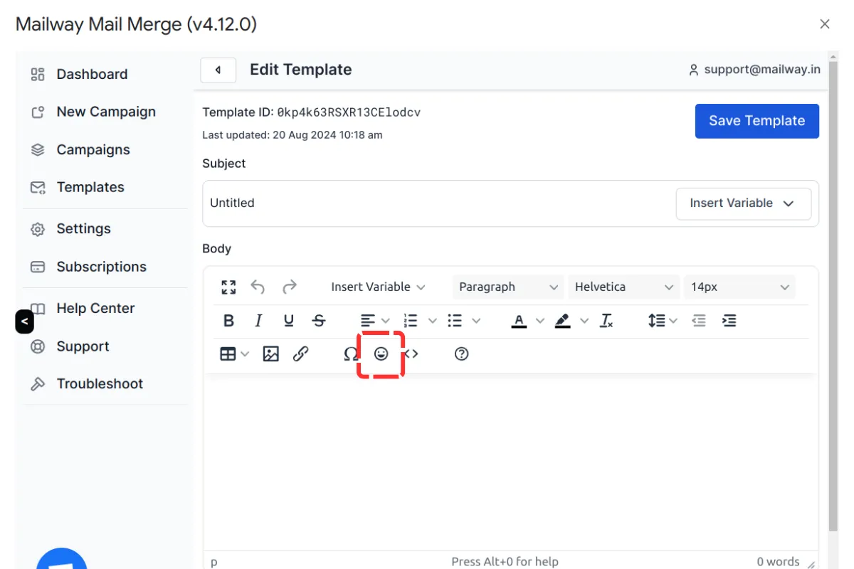 Screenshot showing the emoji tool is in the rich-text editor toolbar.
