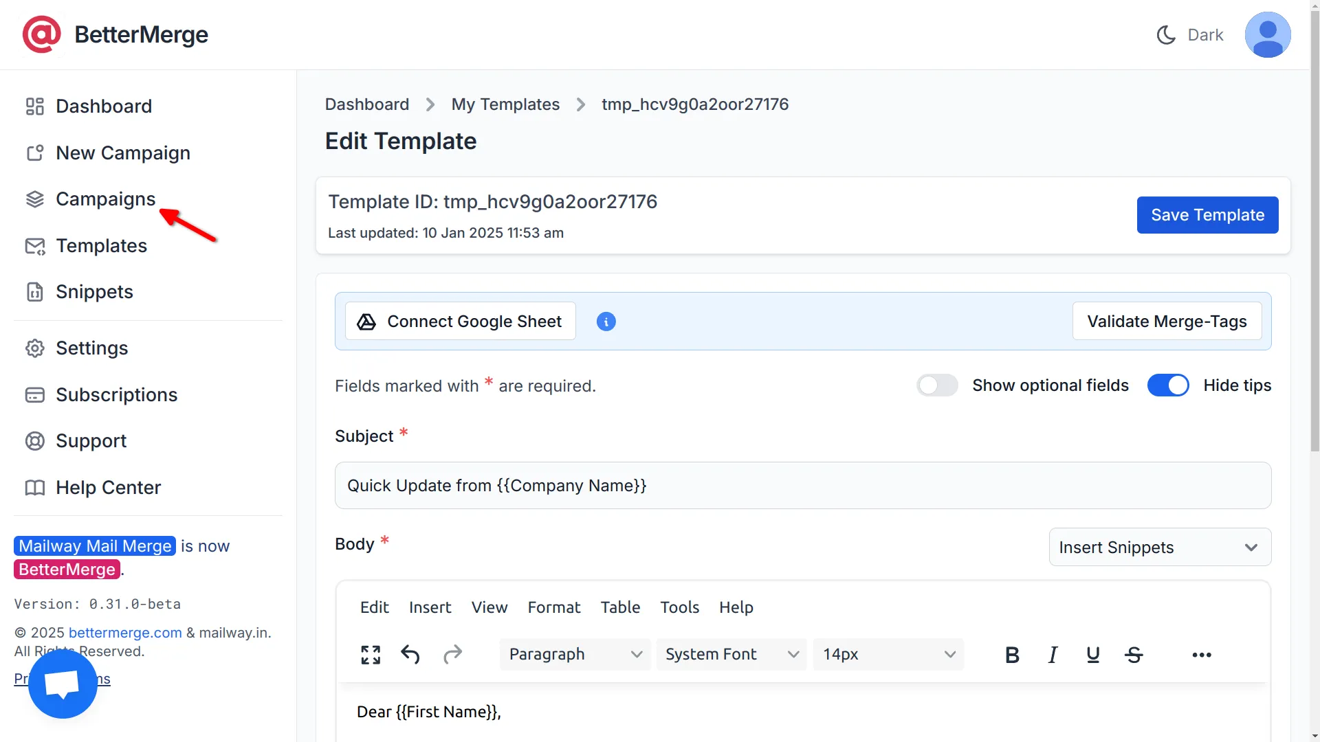 screenshot showing the campaigns link in the sidebar is pointed with arrow
