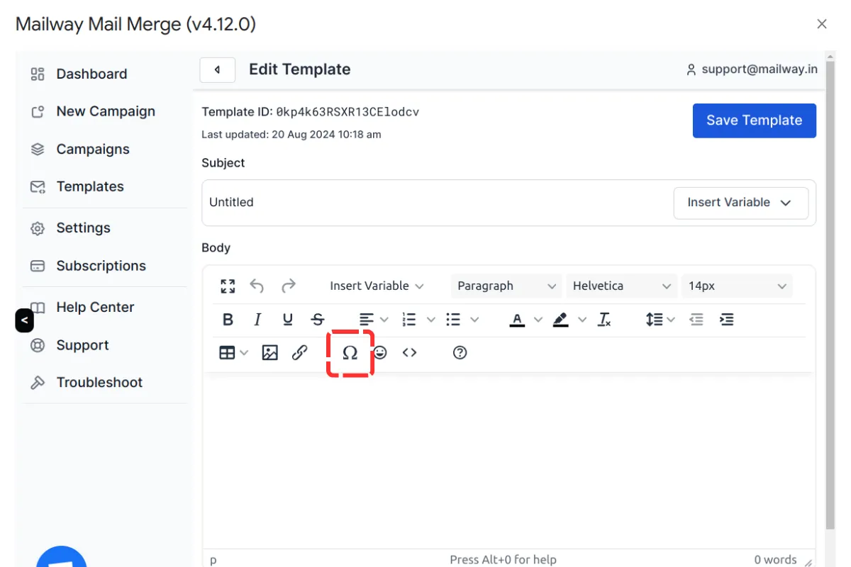 Symbol tool is shown in the rich-text editor toolbar.