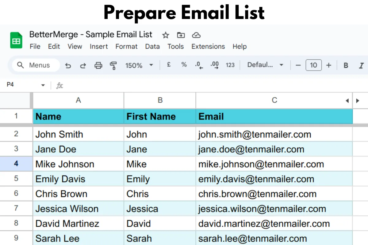 Screenshot showing an example email list is prepared in Google Sheets