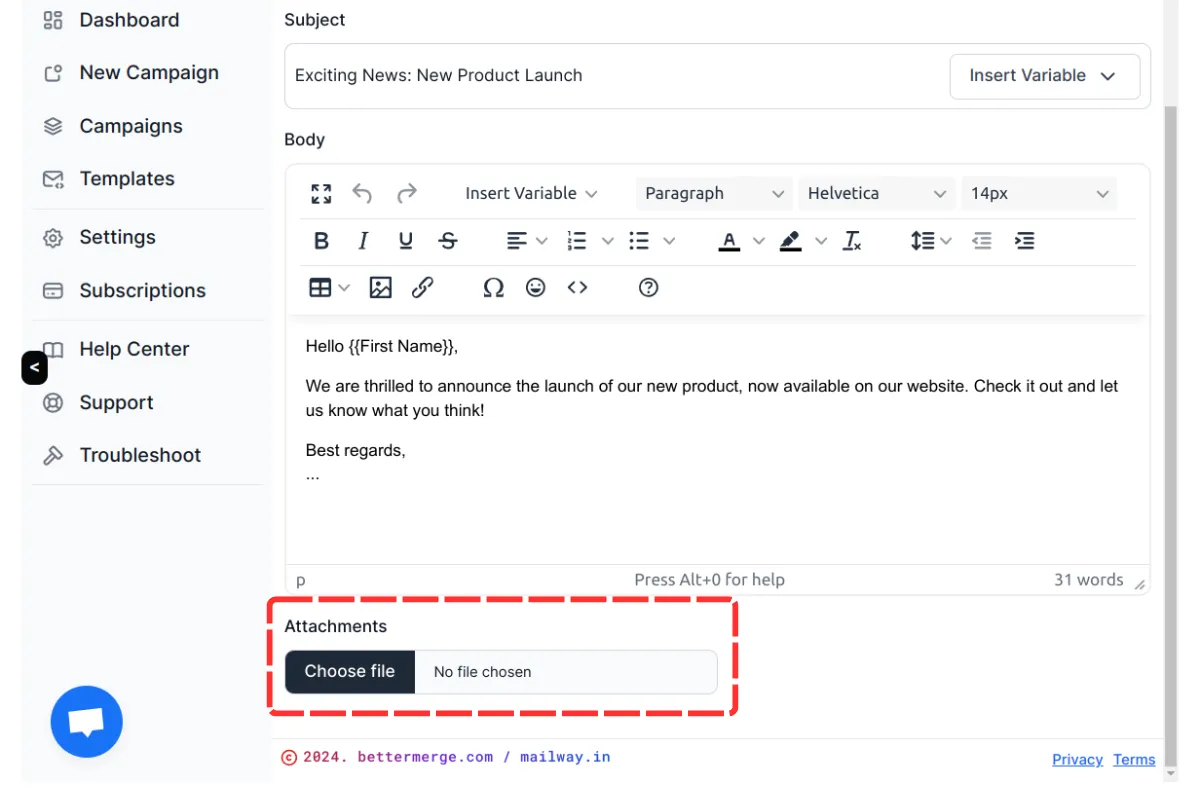 Screenshot showing the Attachments section in the email template editor page.