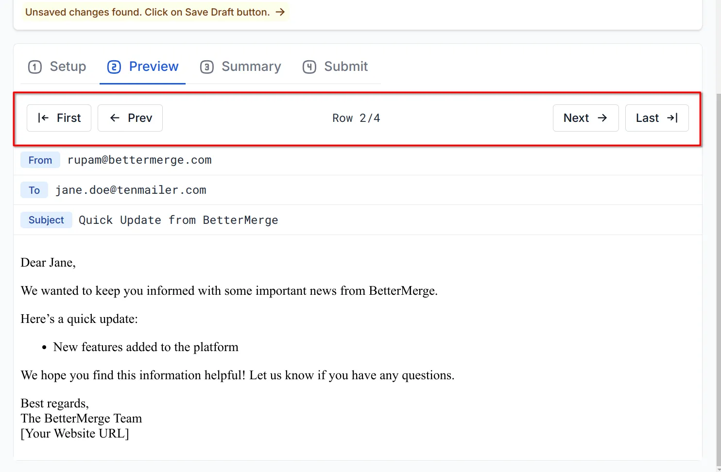 screenshot showing the navigation button in the preview page