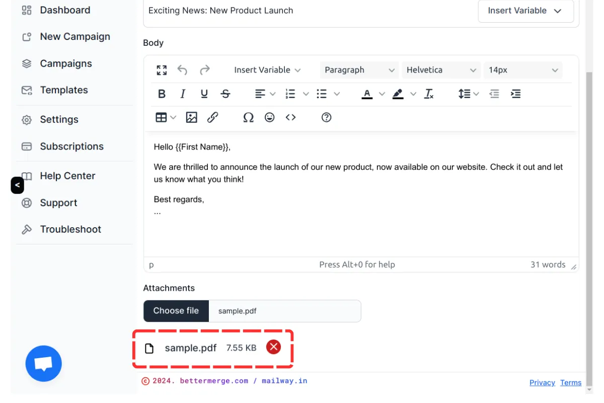 Screenshot showing the list of attachments with option to remove individual files.