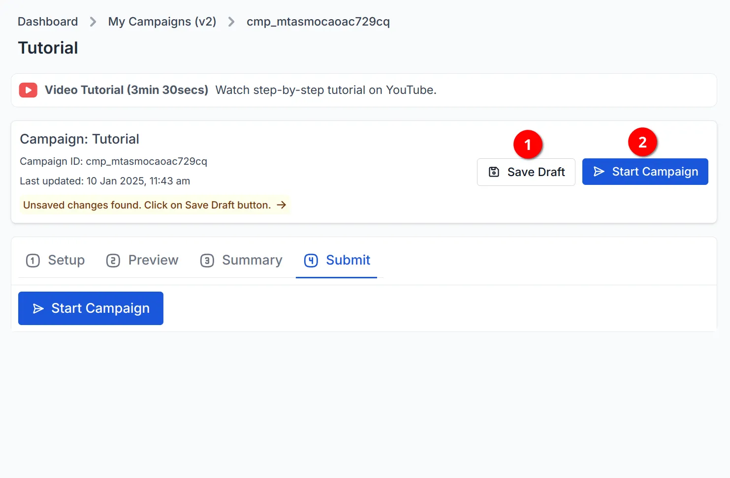 screenshot showing the safe draft and start campaign buttons