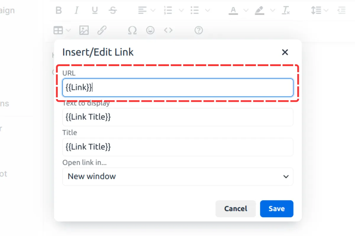 Configuring link settings in the popup dialog