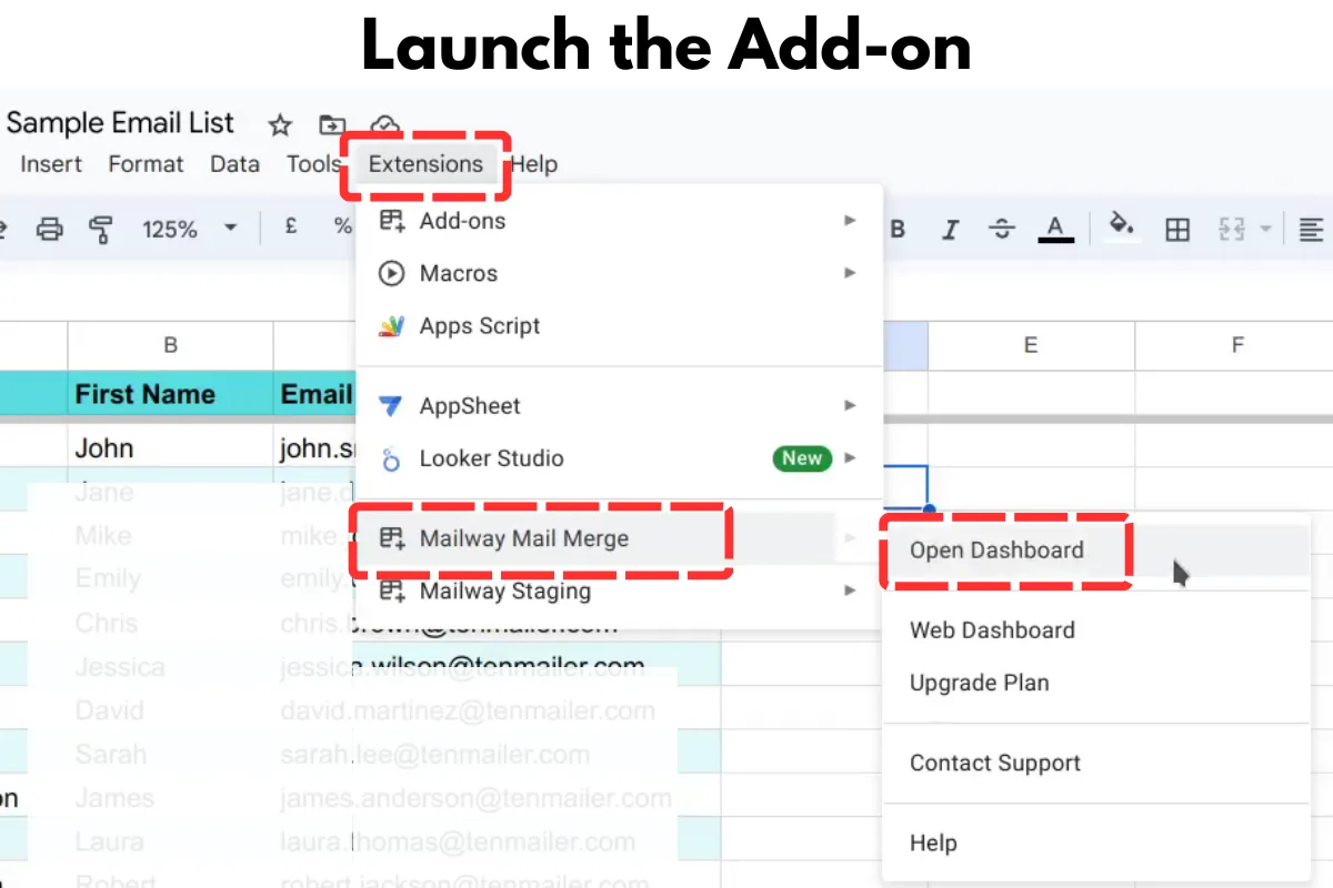 Screenshot showing the steps to launch the Mailway Mail Merge add-on in Google Sheets