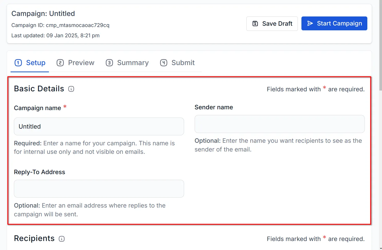screenshot showing the basic details section under setup tab