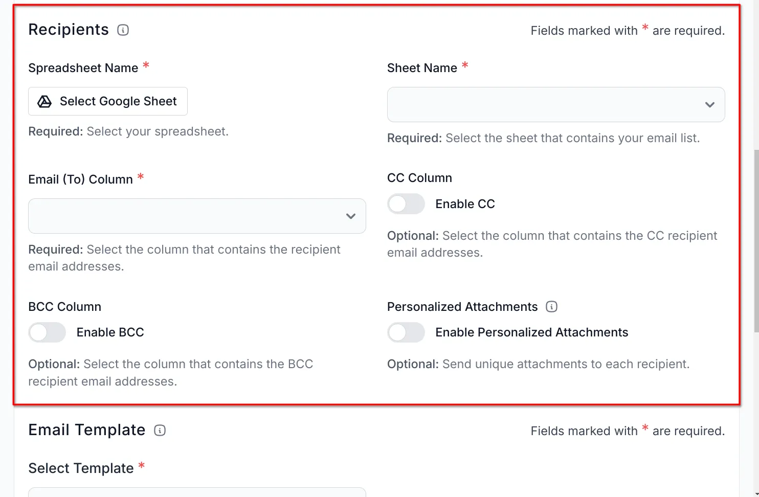 screenshot showing the recipients section under setup tab