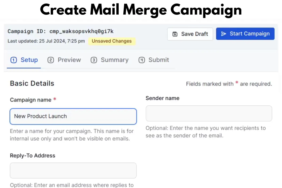 Screenshot showing the mail merge campaign setup page.