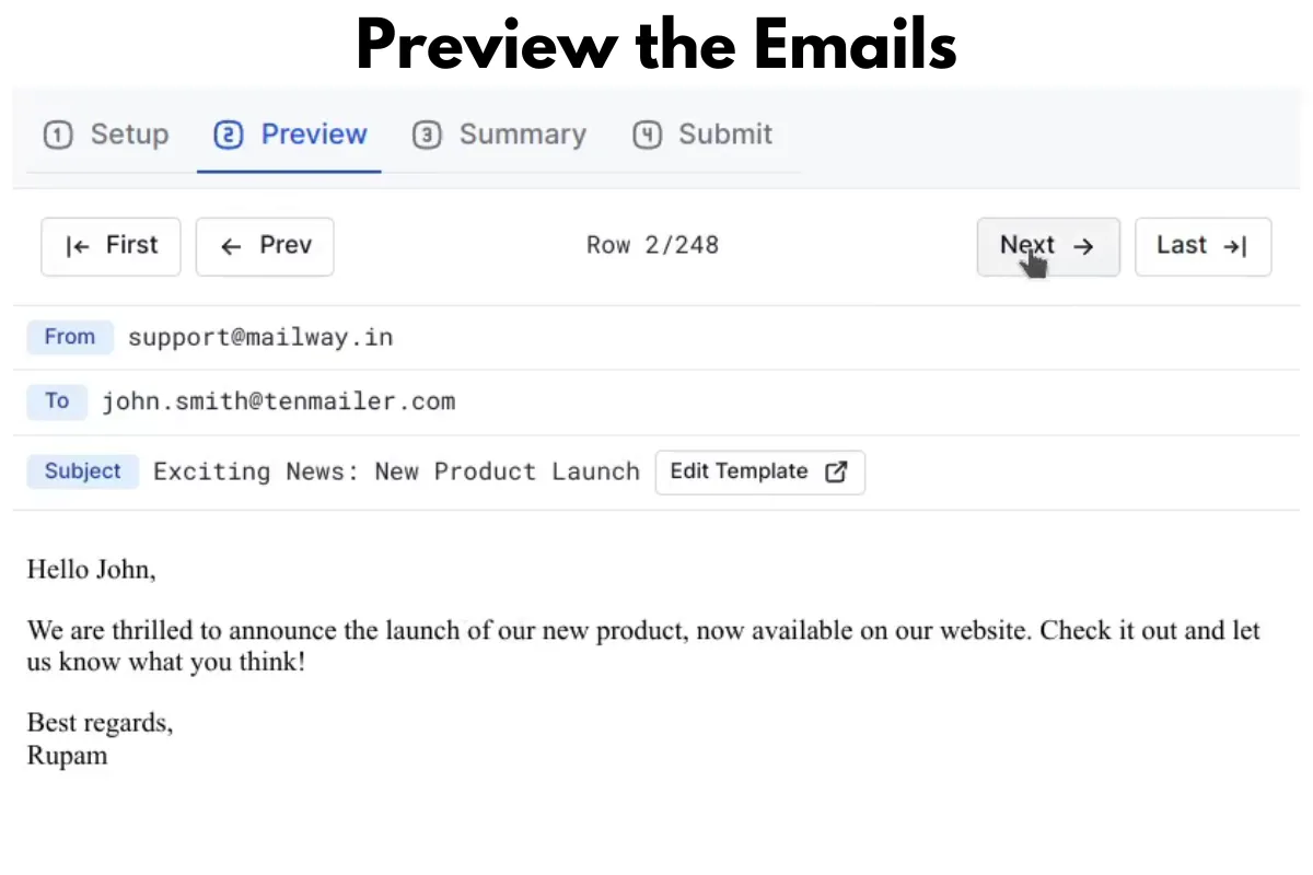 Screenshot showing the preview emails feature of BetterMerge, formerly Mailway Mail Merge.