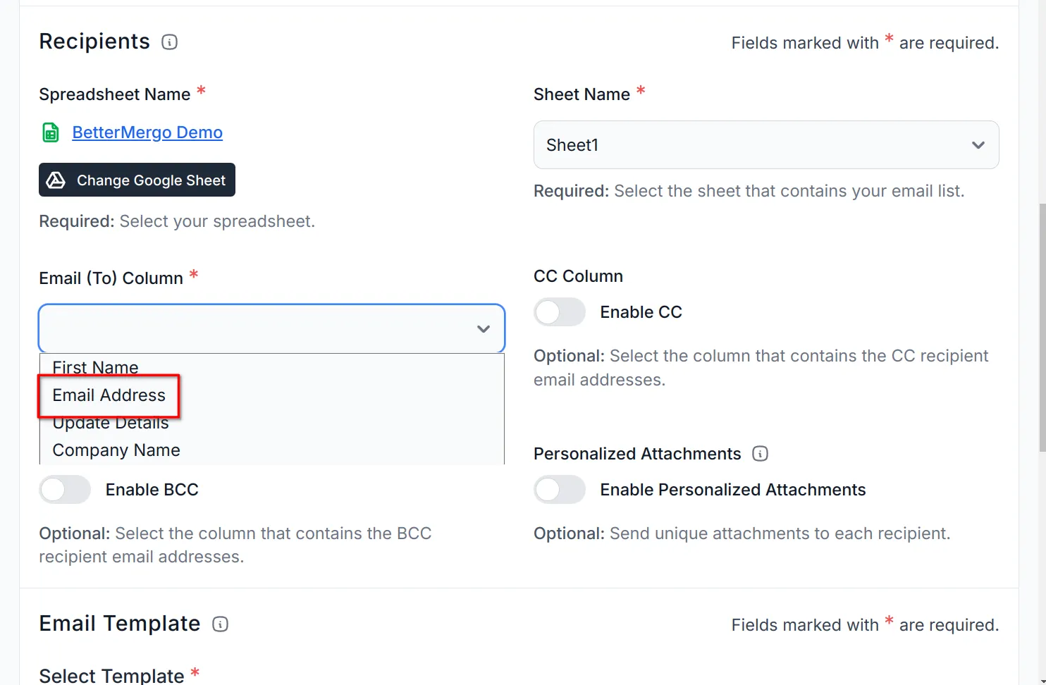 screenshot of dropdown menu to select the email to column