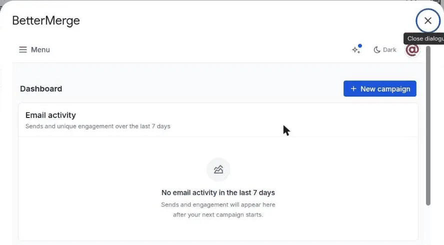 The BetterMerge add-on open over the sample Sheet, with the New campaign button