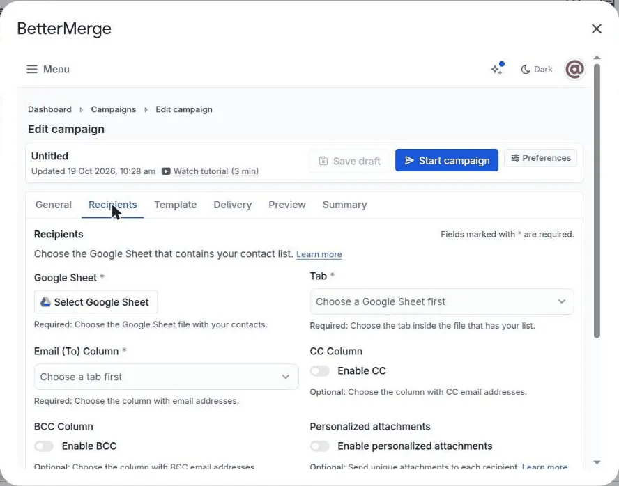 The campaign editor open inside the Google Sheets add-on, on the Recipients tab