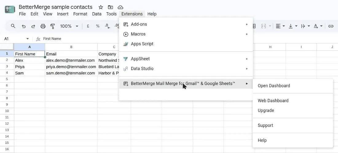 The Extensions menu in Google Sheets with the BetterMerge add-on submenu open and Open Dashboard at the top