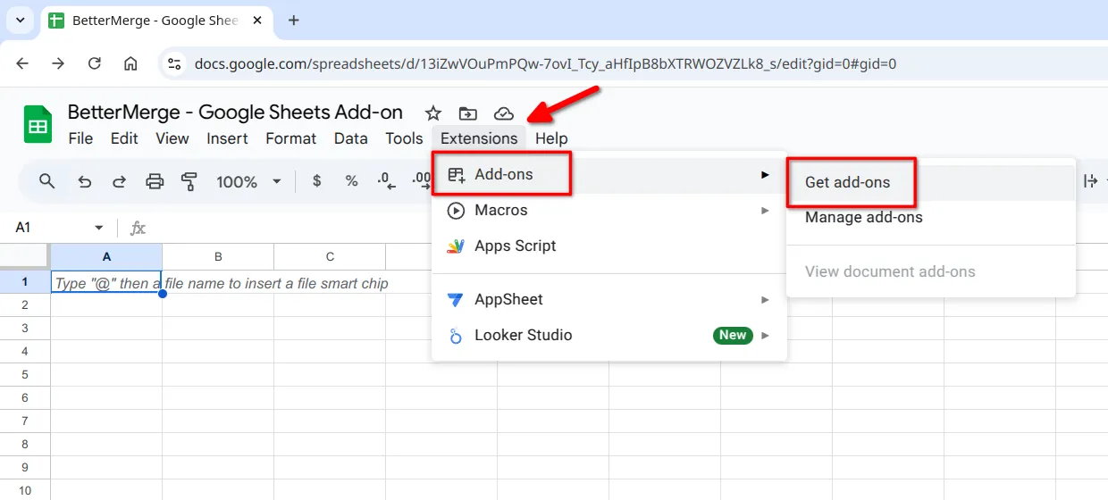 Screenshot of Google Sheets showing the Extensions menu is highlighted and then the sub-menu Add-ons is highlighted and then the sub-sub-menu Get add-ons is highlighted.