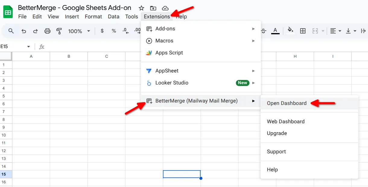 Screenshot showing the extensions menu is highlighted then the bettermerge menu-item is highlighted and then the sub-menu item open dashboard is highlighted.