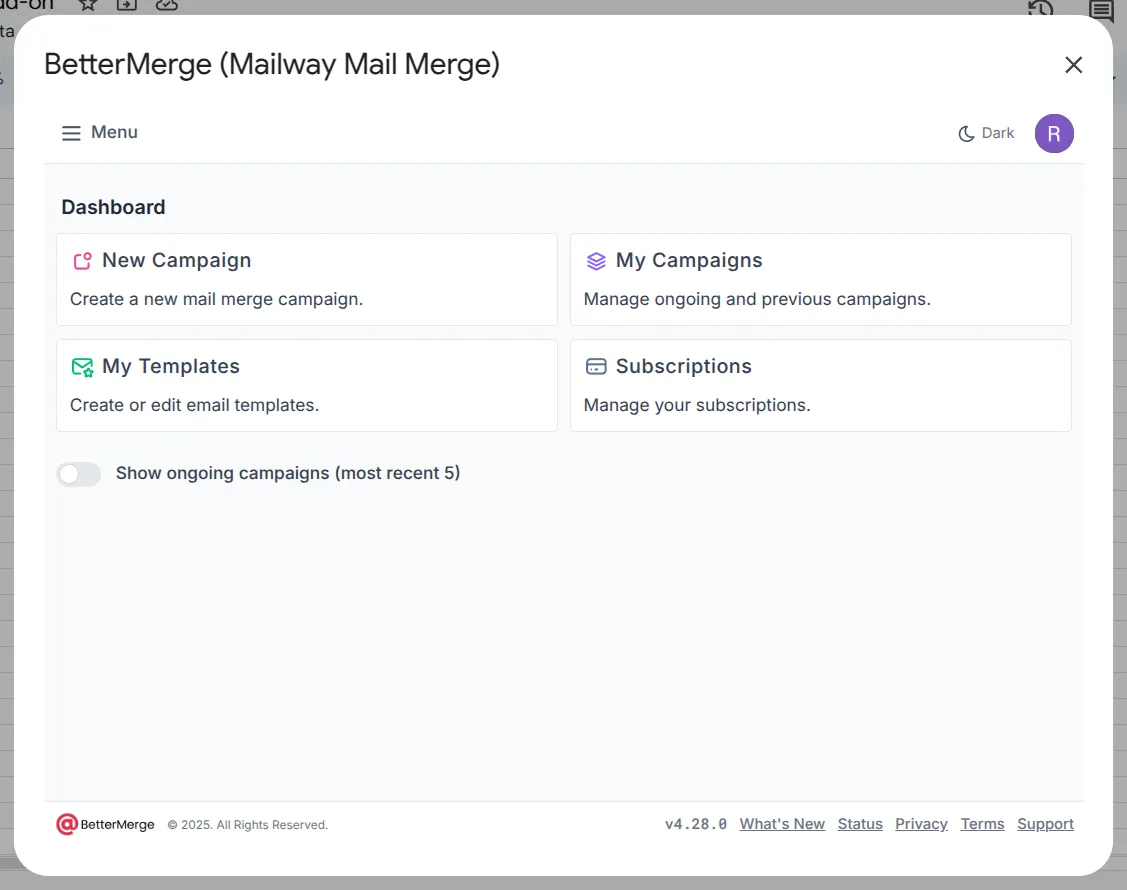Screenshot showing the bettermerge addon is launched in google sheets.
