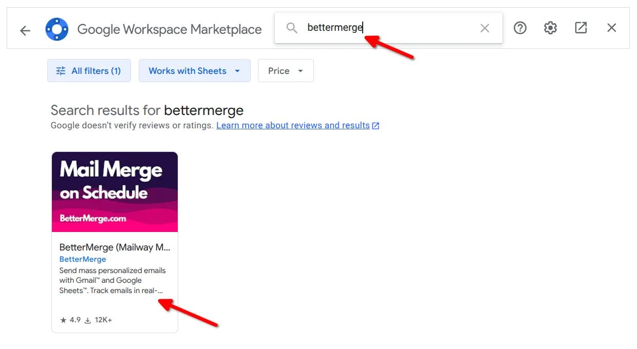 Screenshot showing the Google Workspace Marketplace search bar with the search term bettermerge entered and then in the search result section the first result is highlighted.