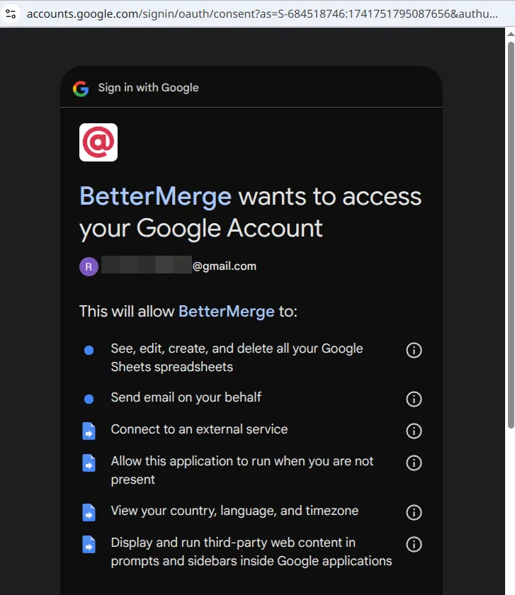 Screenshot showing the list of permissions required by bettermerge.