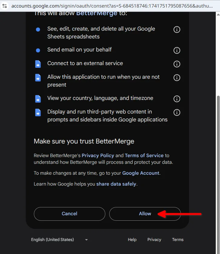Screenshot showing the allow button is highlighted.