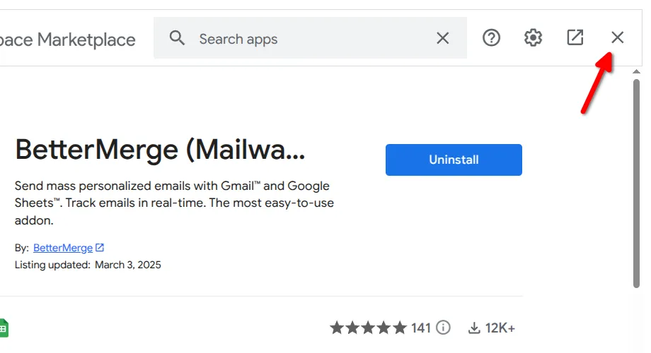 Screenshot showing the close button is highlighted in the google workspace marketplace popup window.