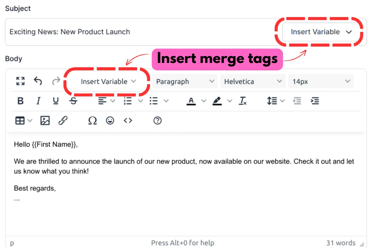 Email template creation with merge tags