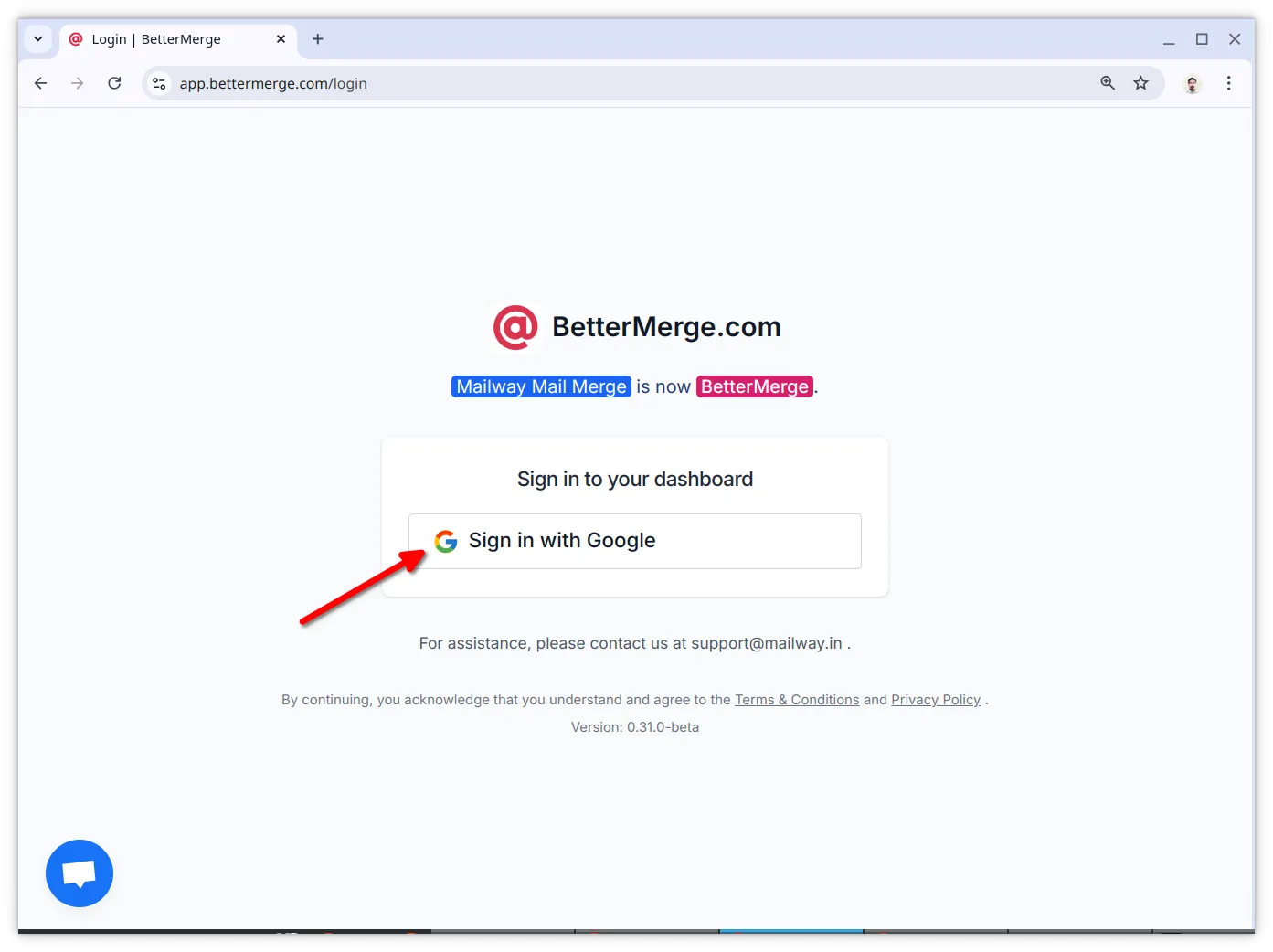 Login page showing the “Sign in with Google” button