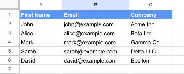 A sample contact list in google sheets.