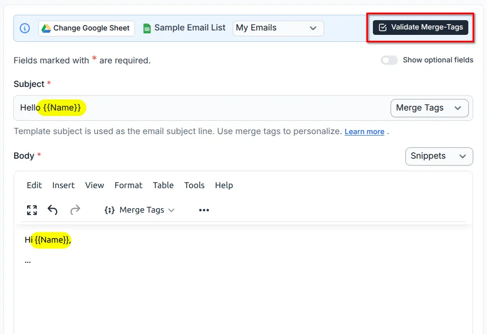 Click on the Validate Merge Tags button.