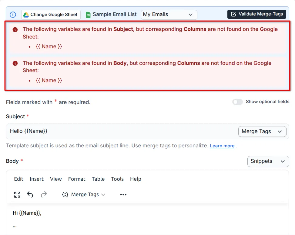 Validation result showing errors or missing columns.
