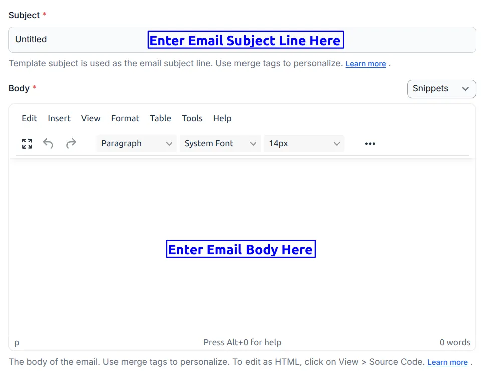 Screenshot showing the email subject line and body input fields.