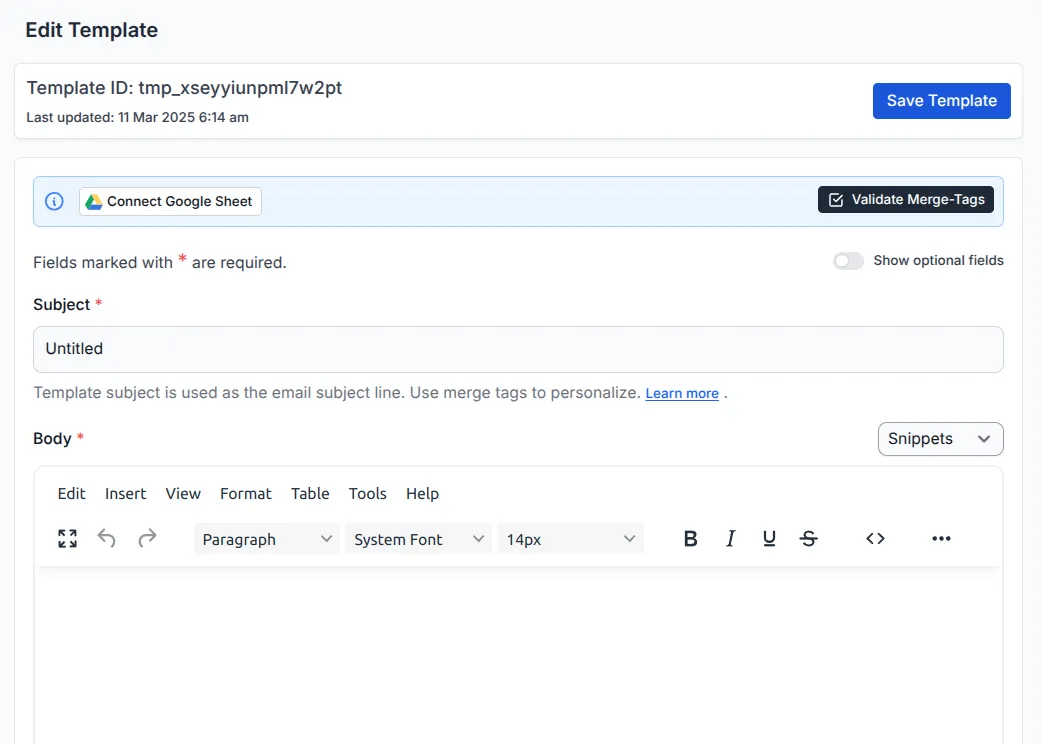 Screenshot of the template editor page - part 1