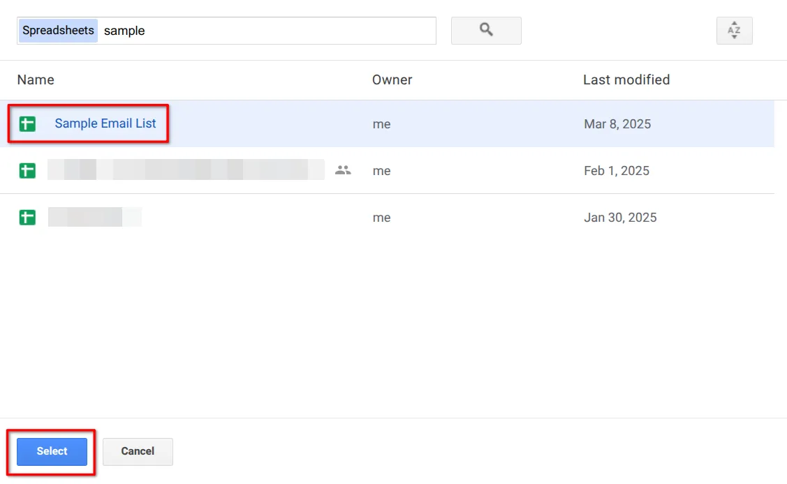 Select your Google Sheet and click on Select button.