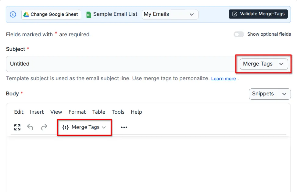 Screenshot showing the Merge Tags dropdown button appearing in both subject line and body input fields.