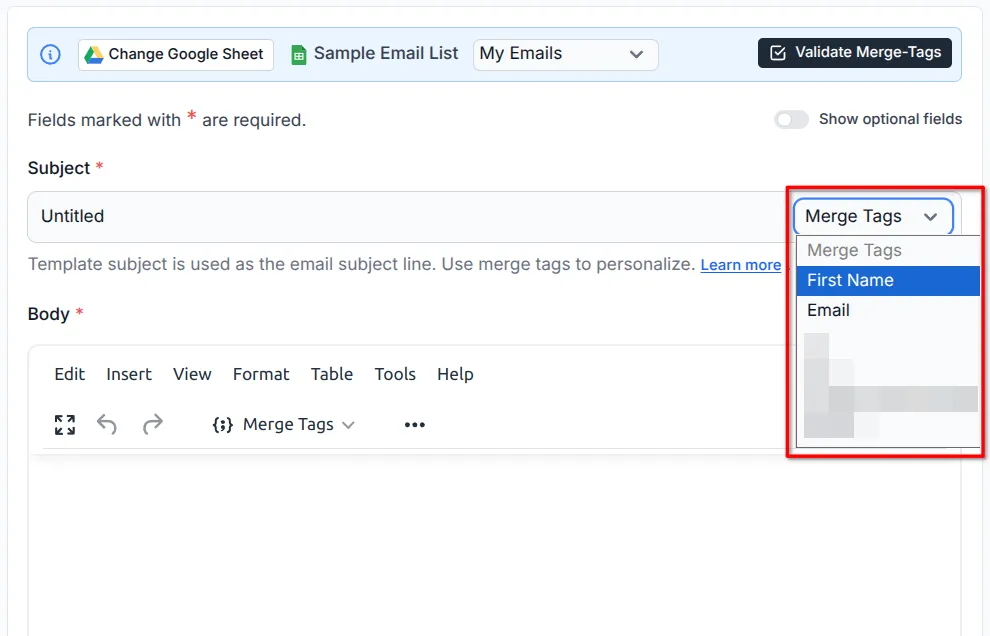 Screenshot showing the Merge Tags dropdown in the subject line input field.
