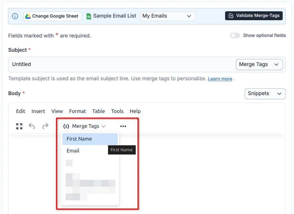 Screenshot showing the Merge Tags dropdown in the email body input field.