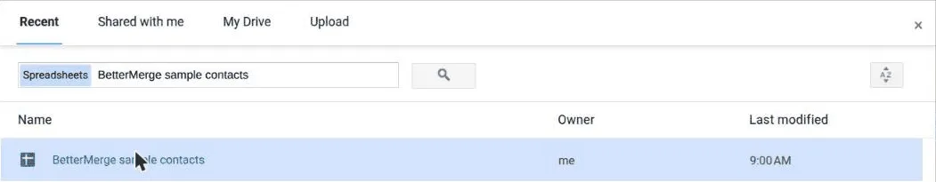 The Google Drive picker showing the sample Sheet