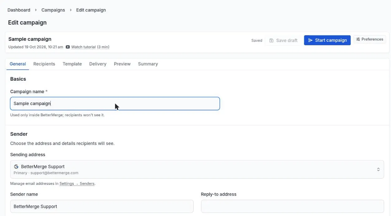 The campaign editor with its six tabs, the General tab open, and the Saved status at the top right