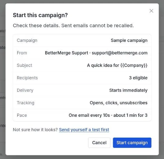The Start this campaign confirmation window with the sample campaign details