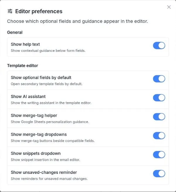 The Editor preferences window with Show optional fields by default turned on