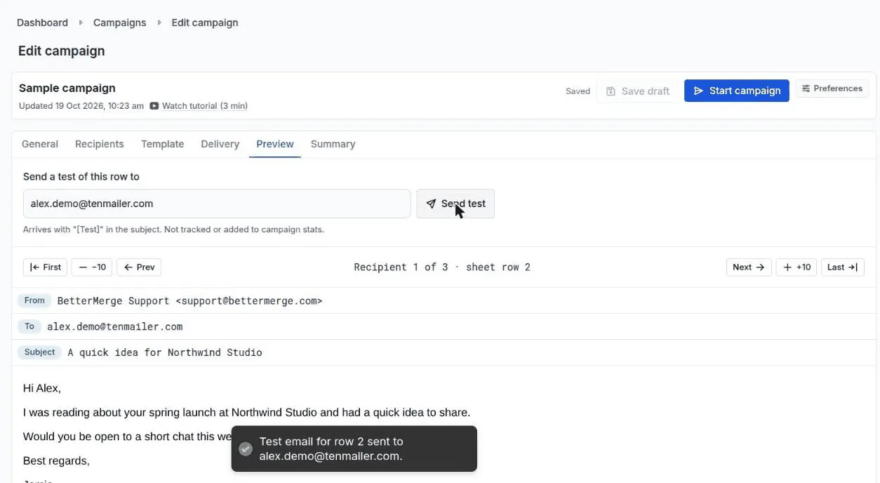 The Preview tab with the test box, message headers, and a test email sent confirmation