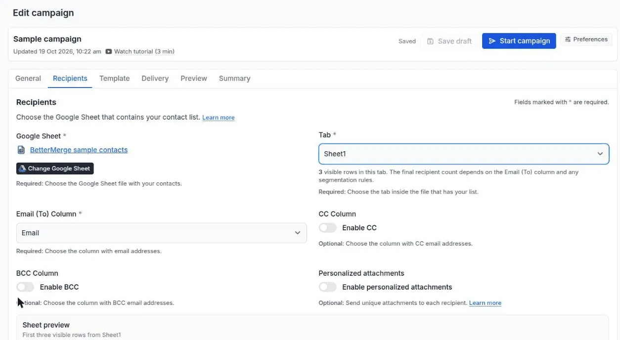 The Recipients tab with the sample Sheet, tab, and email column selected