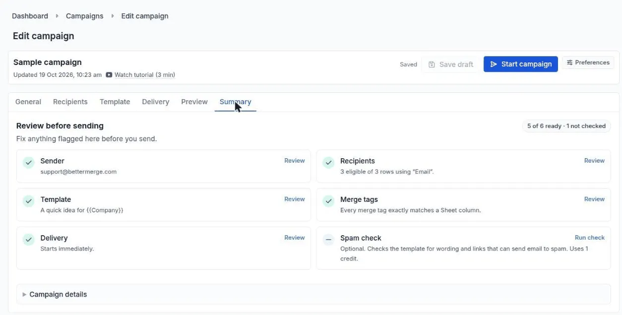 The Summary tab with the launch checks