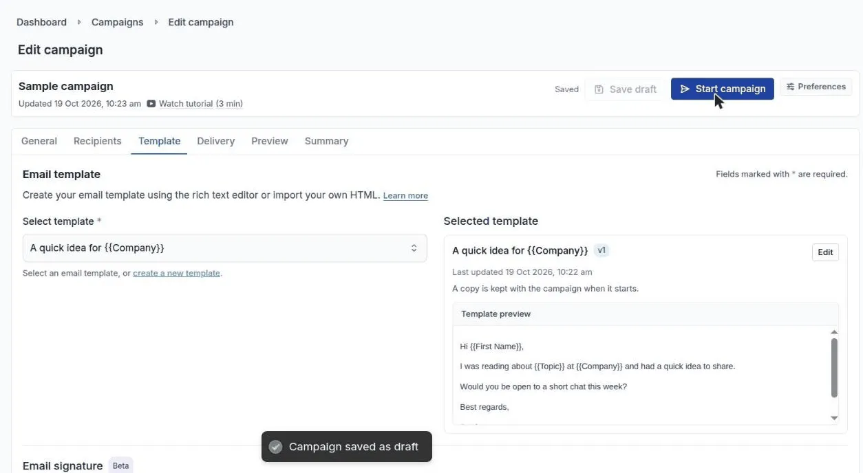 The Template tab with the selected template and its preview