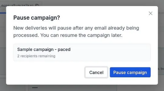 The Pause campaign window showing the campaign name and the number of recipients remaining