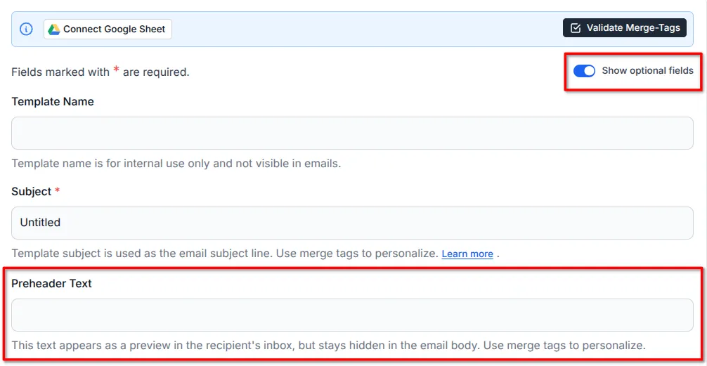 Screenshot showing the toggle switch to enable optional fields and the preview text input field.