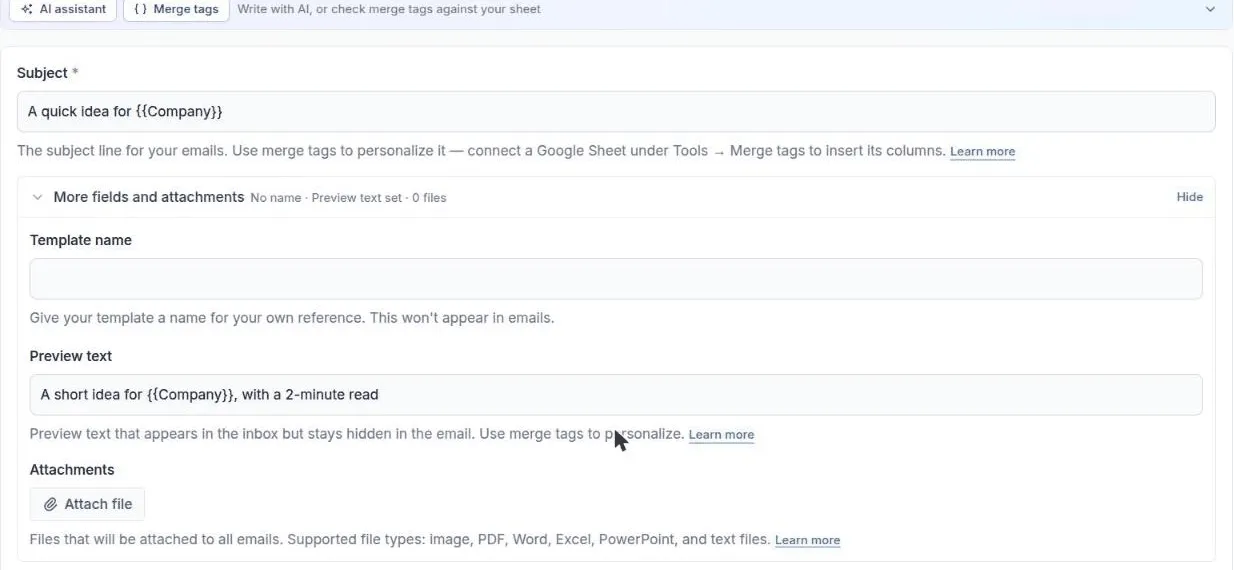 The template editor with the More fields and attachments section open and the Preview text field filled in